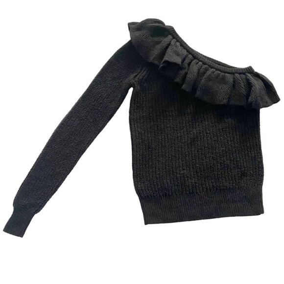 Rebecca Taylor Black Knit One Shoulder Ruffle Long Sleeve Alpaca Sweater XS - Picture 5 of 11